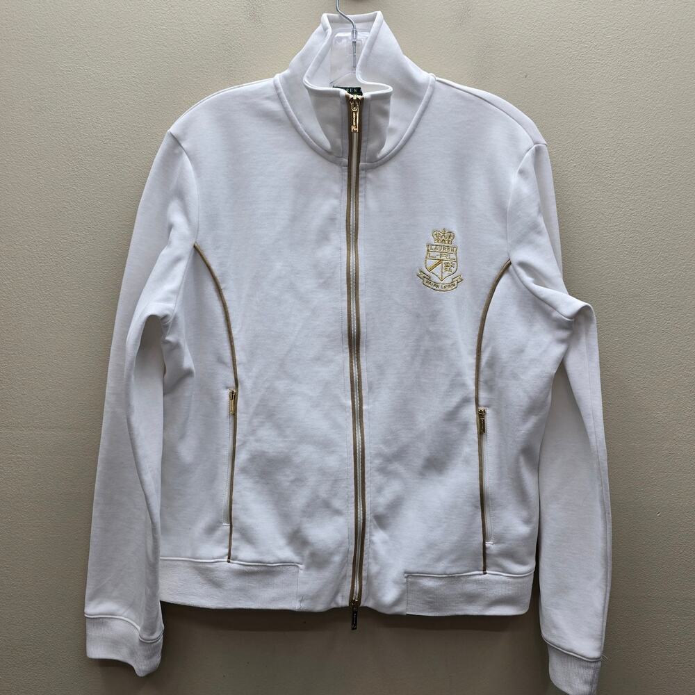 Ralph Lauren Active Zip Up Track Jacket Size Large Old Money White & Gold Crest